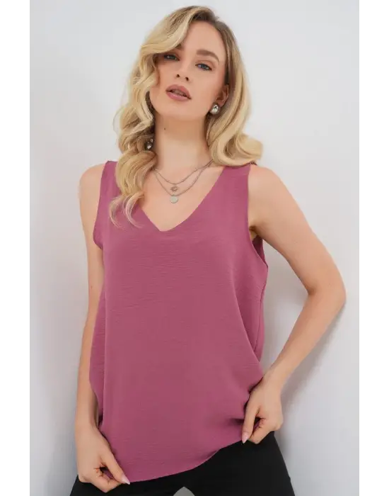 V Yaka Sıfır Kol Bluz 950 - A.Gül Kurusu