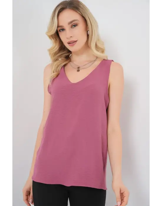 V Yaka Sıfır Kol Bluz 950 - A.Gül Kurusu