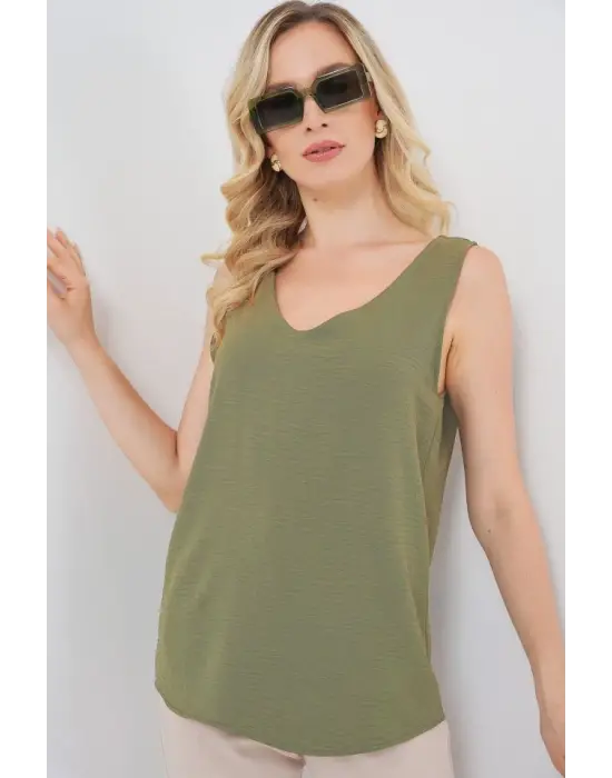 V Yaka Sıfır Kol Bluz 950 - A.Haki