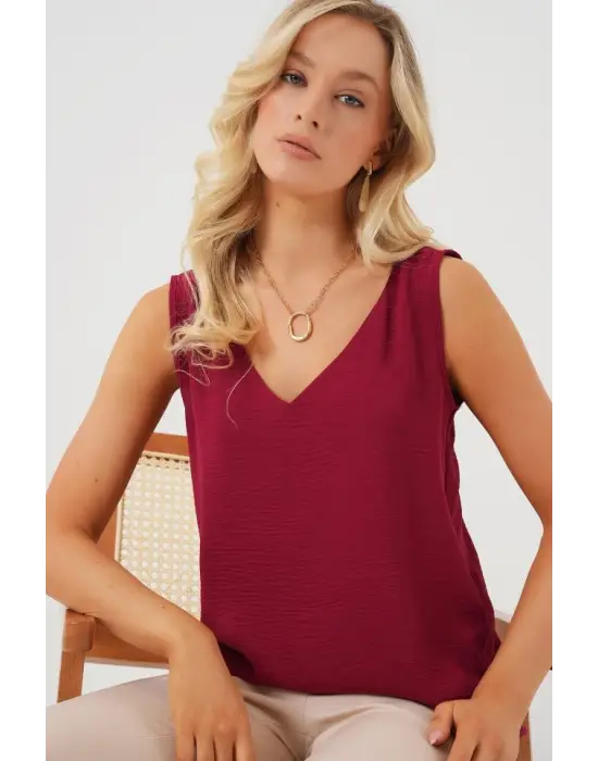 V Yaka Sıfır Kol Bluz 950 - Bordo