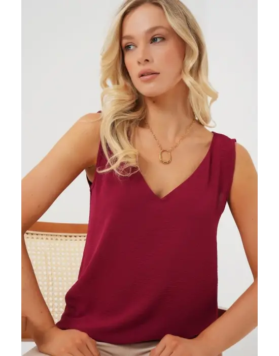 V Yaka Sıfır Kol Bluz 950 - Bordo