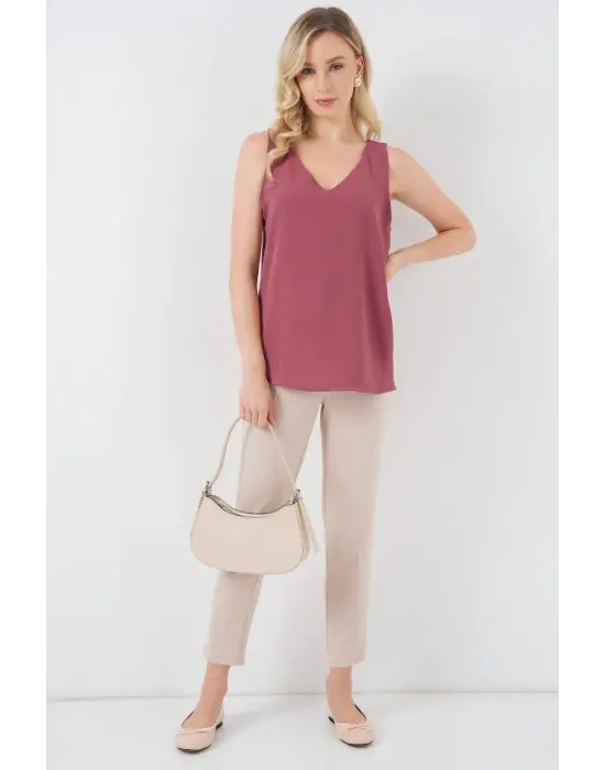 V Yaka Sıfır Kol Bluz 950 - D.Gül Kurusu