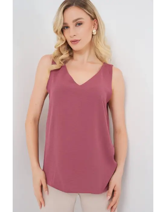 V Yaka Sıfır Kol Bluz 950 - D.Gül Kurusu