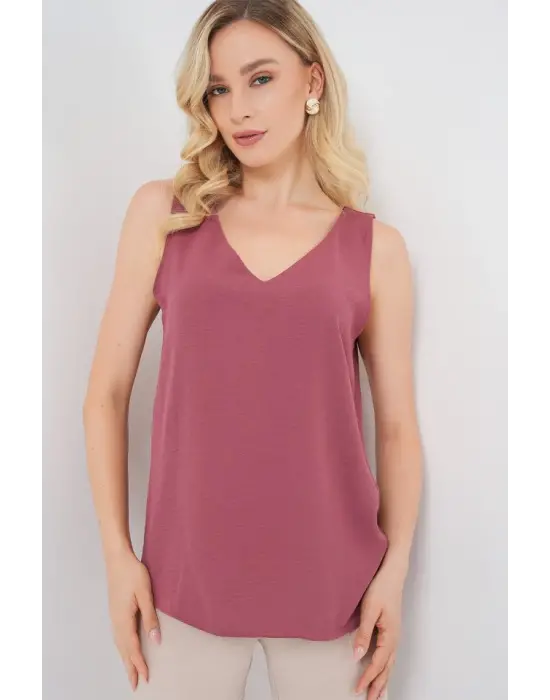 V Yaka Sıfır Kol Bluz 950 - D.Gül Kurusu