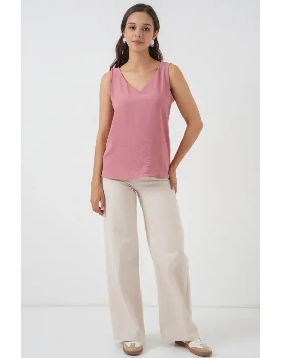 V Yaka Sıfır Kol Bluz 950 - Gül Kurusu