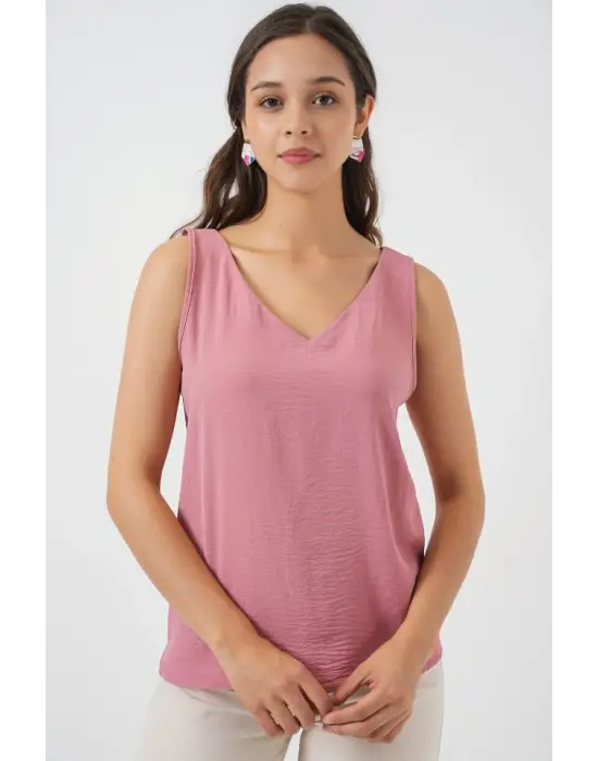 V Yaka Sıfır Kol Bluz 950 - Gül Kurusu