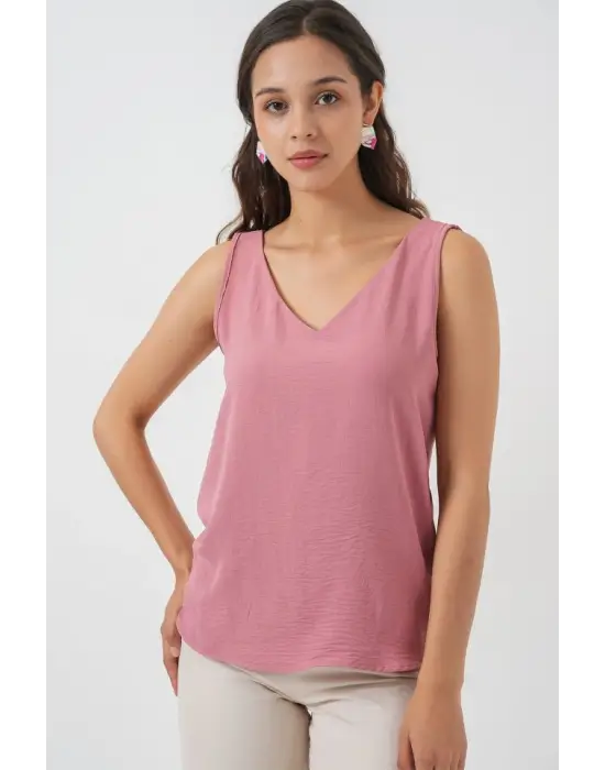 V Yaka Sıfır Kol Bluz 950 - Gül Kurusu