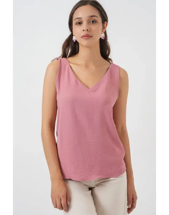 V Yaka Sıfır Kol Bluz 950 - Gül Kurusu