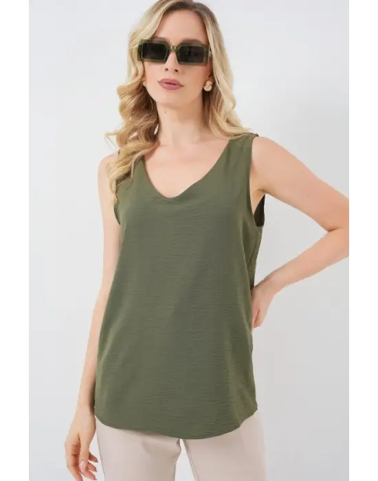 V Yaka Sıfır Kol Bluz 950 - Haki