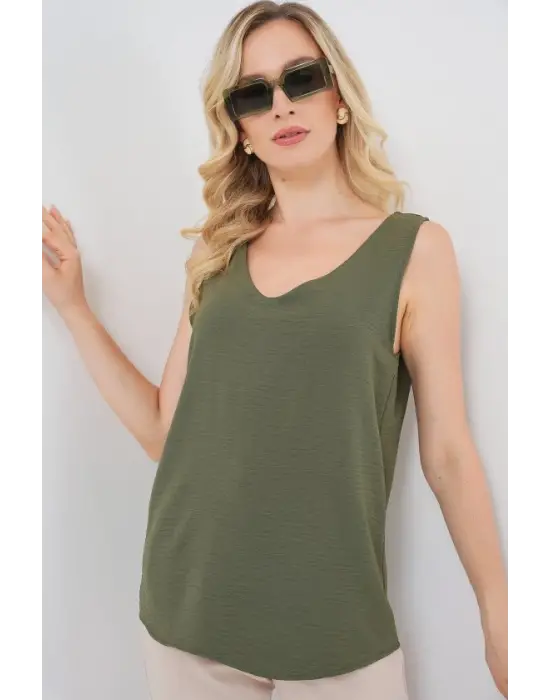 V Yaka Sıfır Kol Bluz 950 - Haki