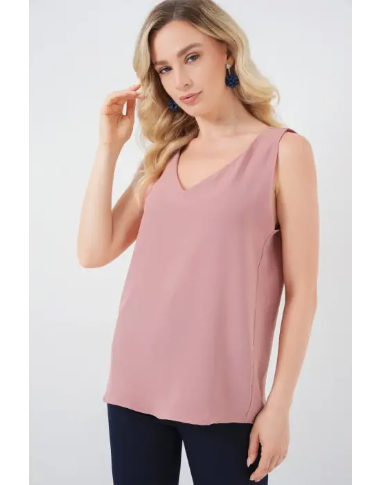 V Yaka Sıfır Kol Bluz 950 - Somon