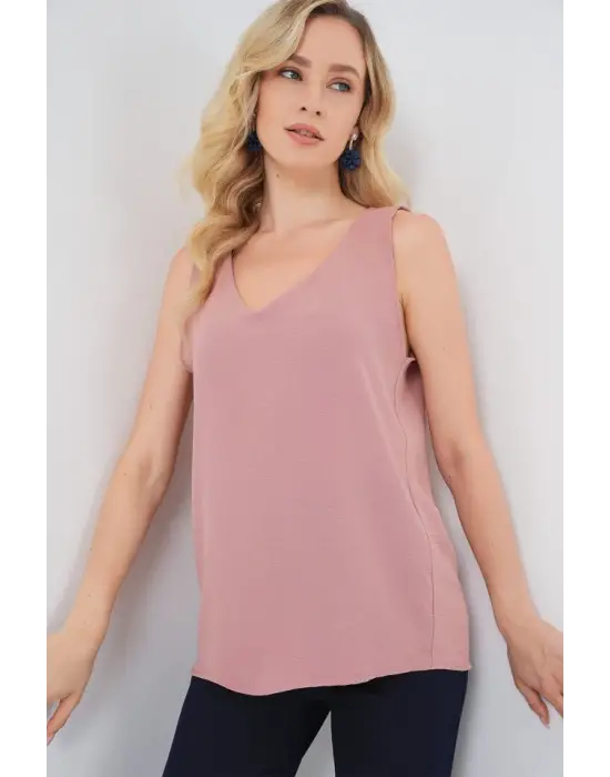 V Yaka Sıfır Kol Bluz 950 - Somon