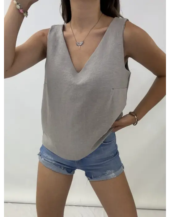 V Yaka Sıfır Kol  Keten Bluz    -Gri