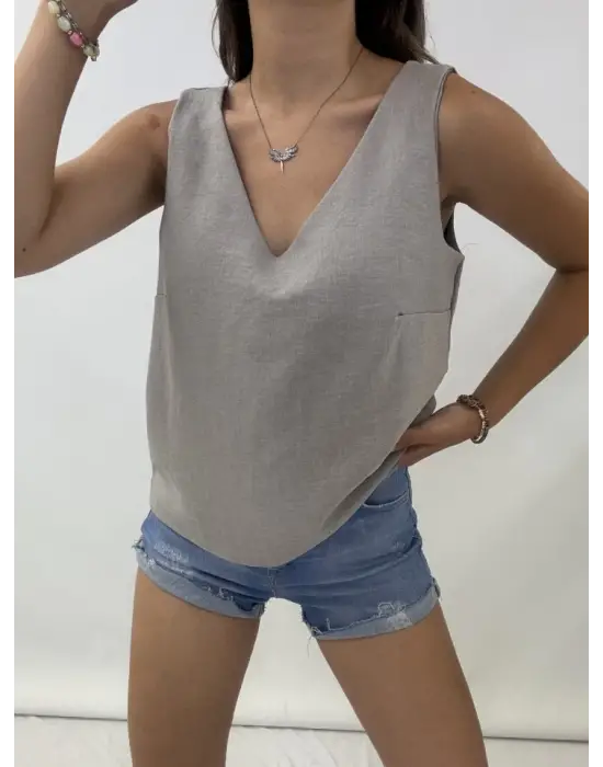Omarı Gri Keten Bluz V Yaka Sıfır Kol