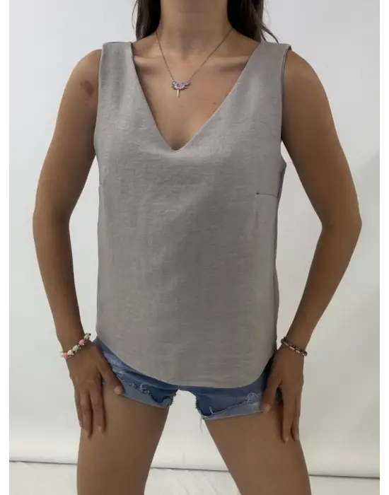 V Yaka Sıfır Kol  Keten Bluz    -Gri