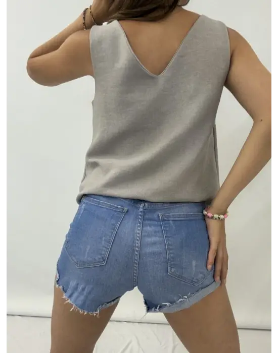 V Yaka Sıfır Kol  Keten Bluz    -Gri