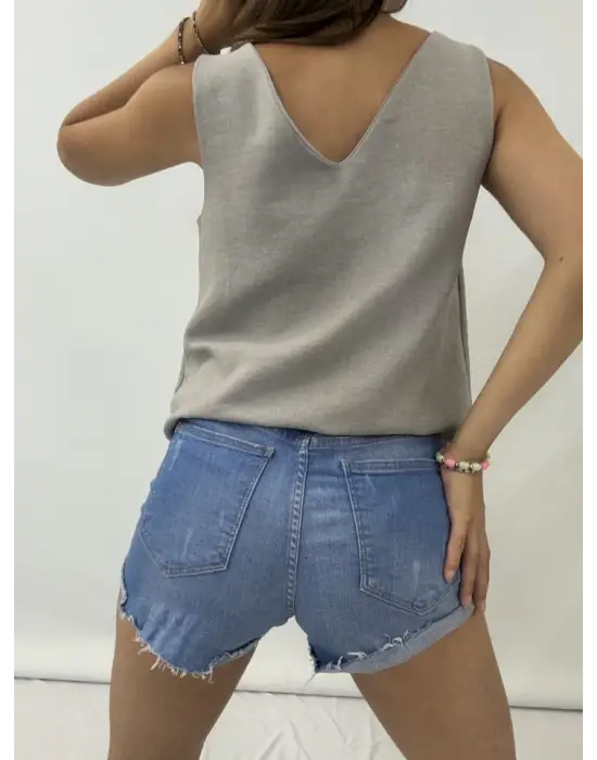 Omarı Gri Keten Bluz V Yaka Sıfır Kol