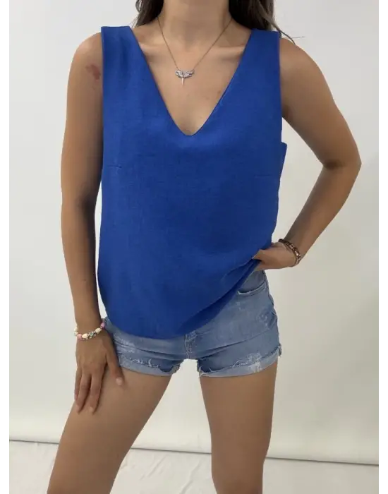 Omarı Saks Renkli Keten Bluz