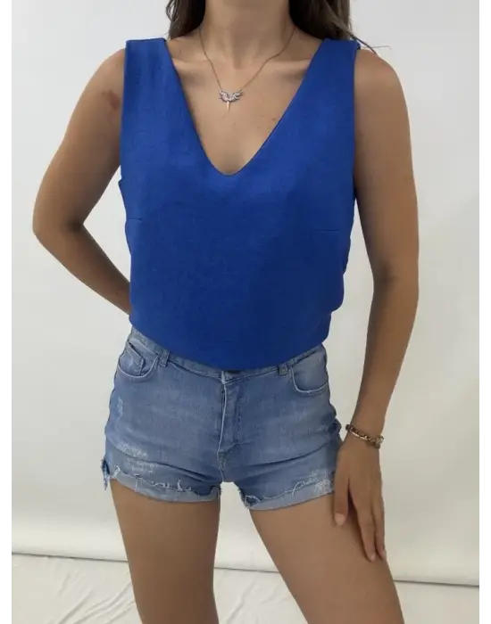 Omarı Saks Renkli Keten Bluz