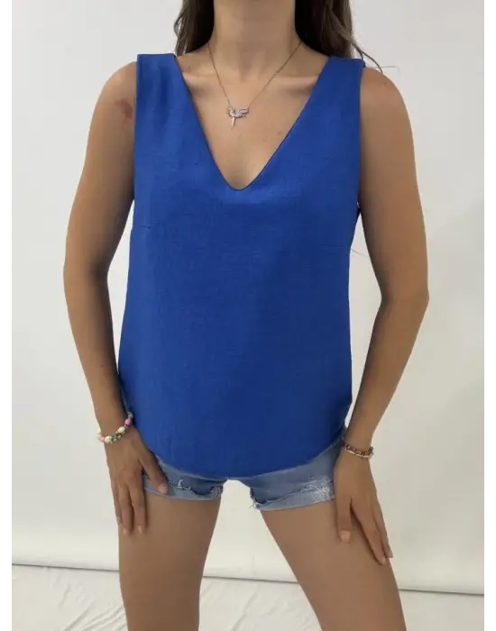 Omarı Saks Renkli Keten Bluz