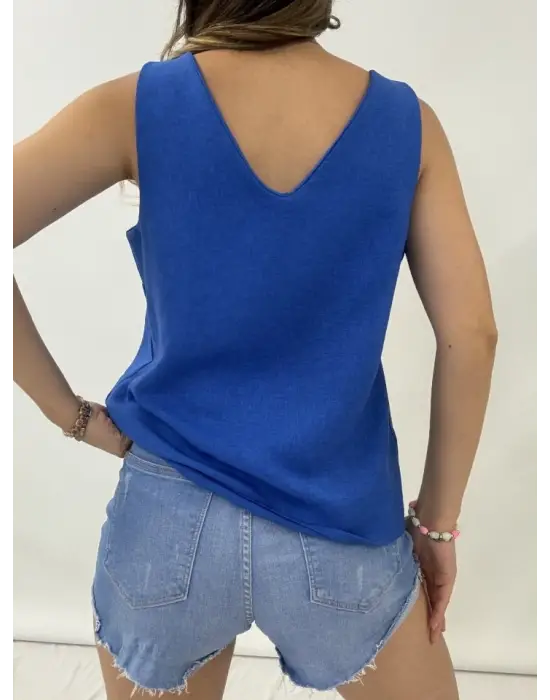 V Yaka Sıfır Kol  Keten Bluz  -Saks