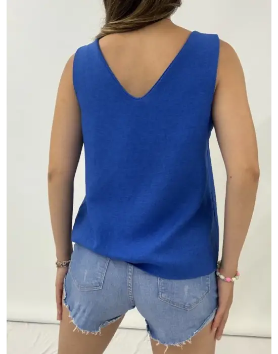 Omarı Saks Renkli Keten Bluz