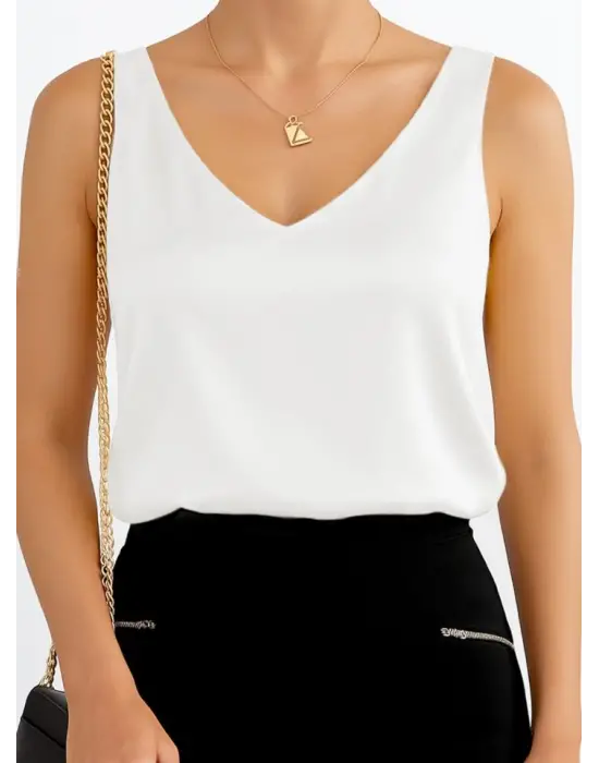 V Yaka Sıfır Kol Saten Bluz -Beyaz