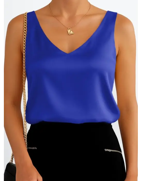 Omarı Saten Bluz -Saks Renkli V Yaka Tasarım