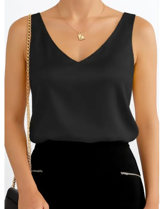 V Yaka Sıfır Kol Saten Bluz -Siyah