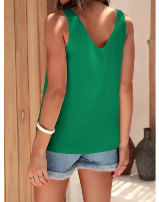 V Yaka Sıfır Kol Saten Bluz -Yeşil