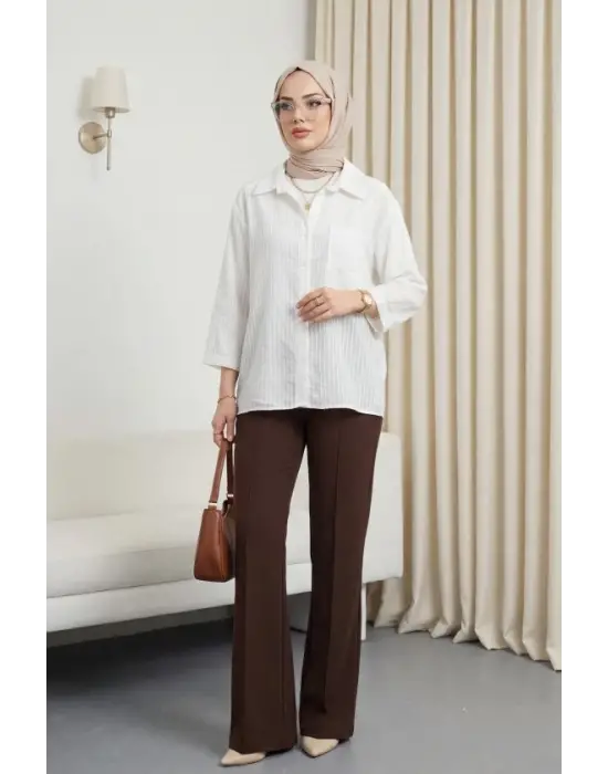 V Yaka Tek Cepli Tensel Yarı Transparan Çizgili Gömlek -Beyaz