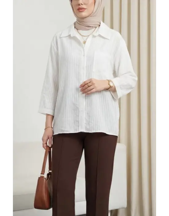 V Yaka Tek Cepli Tensel Yarı Transparan Çizgili Gömlek -Beyaz