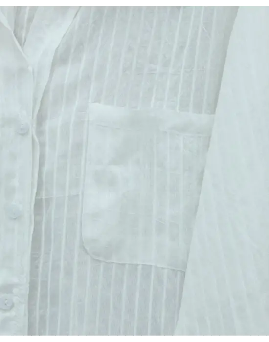 V Yaka Tek Cepli Tensel Yarı Transparan Çizgili Gömlek -Beyaz