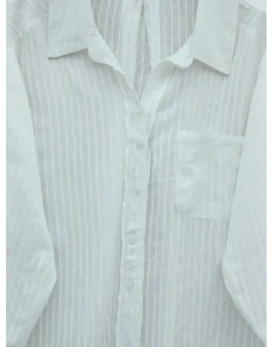 V Yaka Tek Cepli Tensel Yarı Transparan Çizgili Gömlek -Beyaz