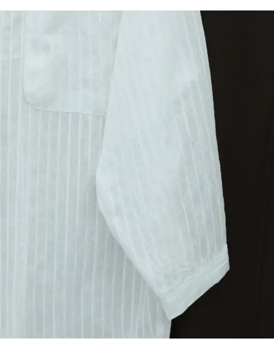 V Yaka Tek Cepli Tensel Yarı Transparan Çizgili Gömlek -Beyaz