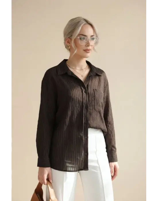 V Yaka Tek Cepli Tensel Yarı Transparan Çizgili Gömlek -K. Kahve