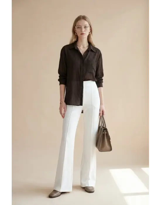 V Yaka Tek Cepli Tensel Yarı Transparan Çizgili Gömlek -K. Kahve