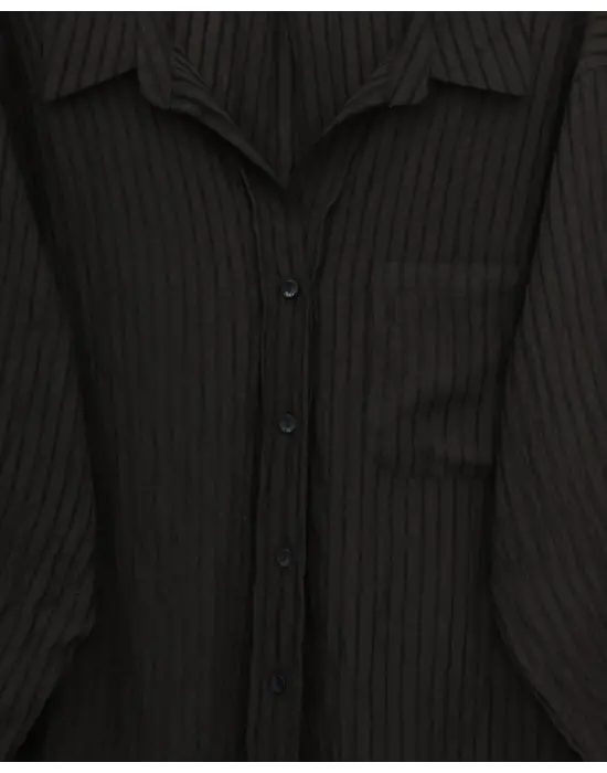 V Yaka Tek Cepli Tensel Yarı Transparan Çizgili Gömlek -K. Kahve