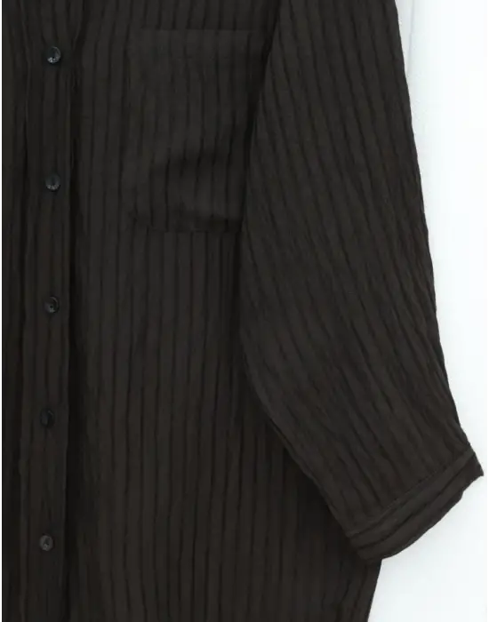 V Yaka Tek Cepli Tensel Yarı Transparan Çizgili Gömlek -K. Kahve