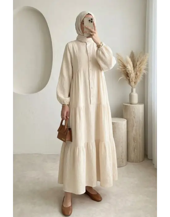 V Yaka Yarım Düğmeli Kolu Lastikli Parçalı Müslin Elbise -Taş