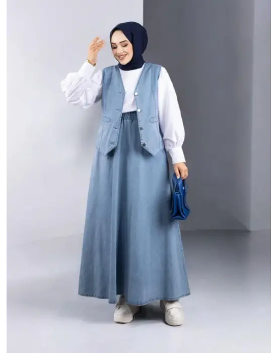 V Yaka Yelekli Etekli Kot Takım -Buz Mavi