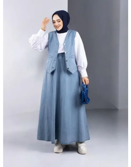 Omarı V Yaka Yelekli Kot Takım - Buz Mavi