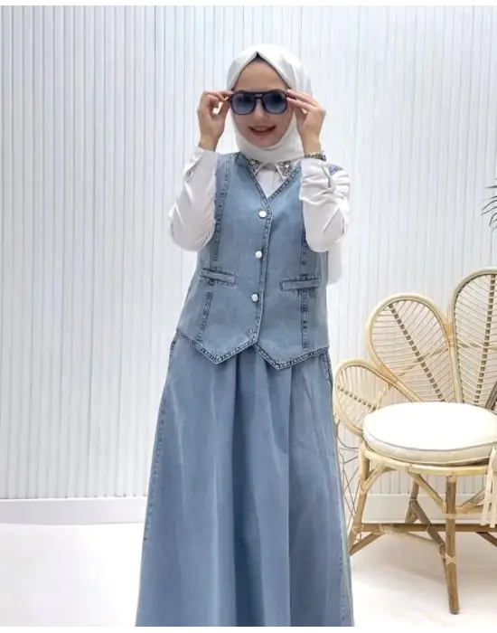 Omarı V Yaka Yelekli Kot Takım - Buz Mavi