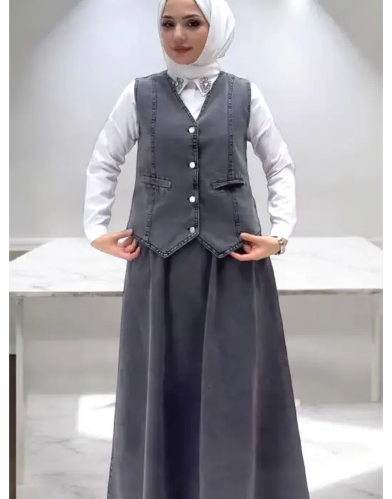 Füme V Yaka Yelekli Etekli Kot Takım