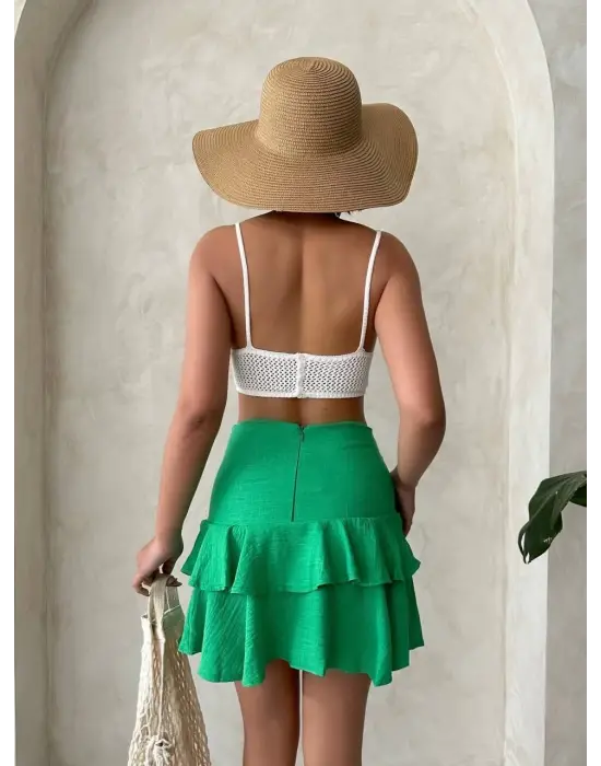 Valonlu fırfırlı etek yeşil s24681