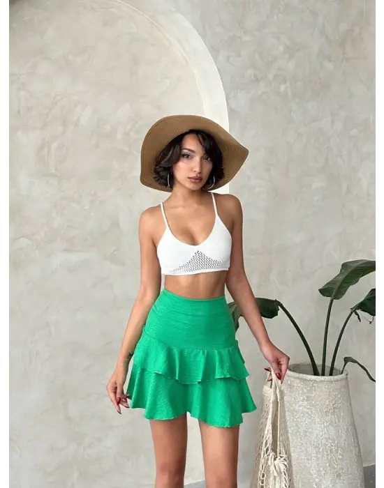 Valonlu fırfırlı etek yeşil s24681