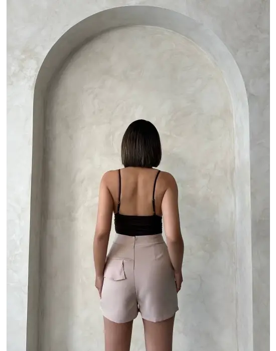 Valonlu fırfırlı şort bej s24683