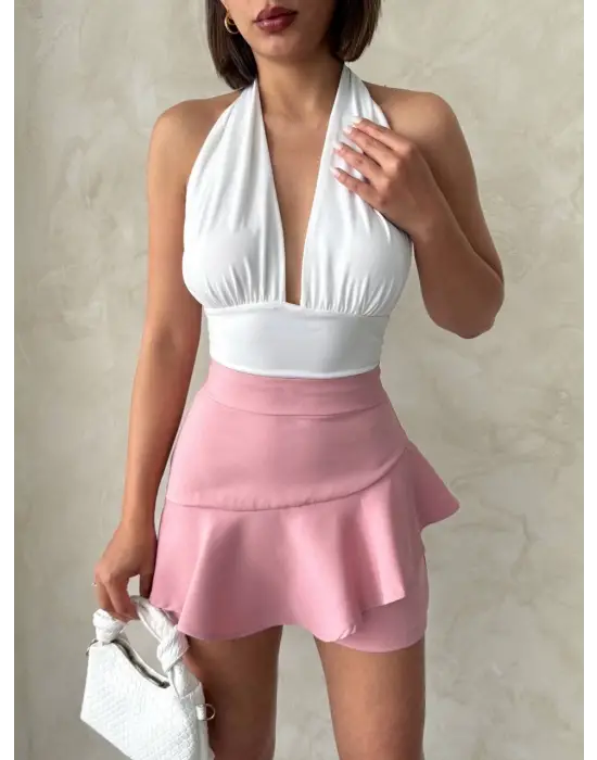 Omarı Yüksek Bel Fırfırlı Kısa Şort