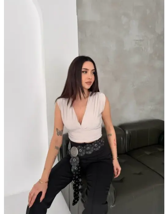 Vatkalı Kolsuz V Yaka Drapeli Crop Bluz Likralı Fit - Boyalı Gri