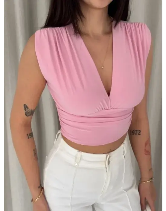 Vatkalı Kolsuz V Yaka Drapeli Crop Bluz Likralı Fit - Pembe